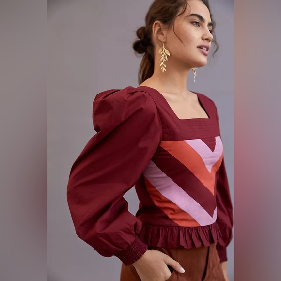 Anthropologie Tops - 💫HP‼️💫 NWT ANTHROPOLOGIE Love The Label Puff Sleeve Blouse in Maroon, Medium